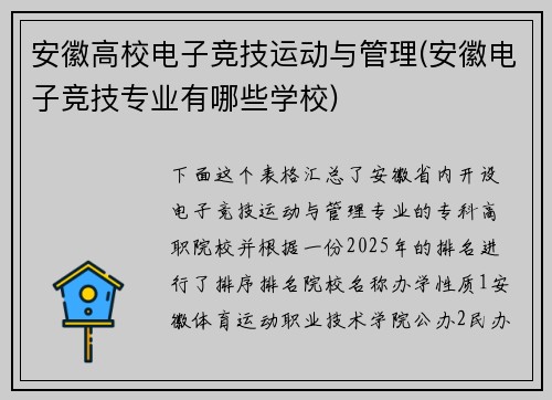安徽高校电子竞技运动与管理(安徽电子竞技专业有哪些学校)